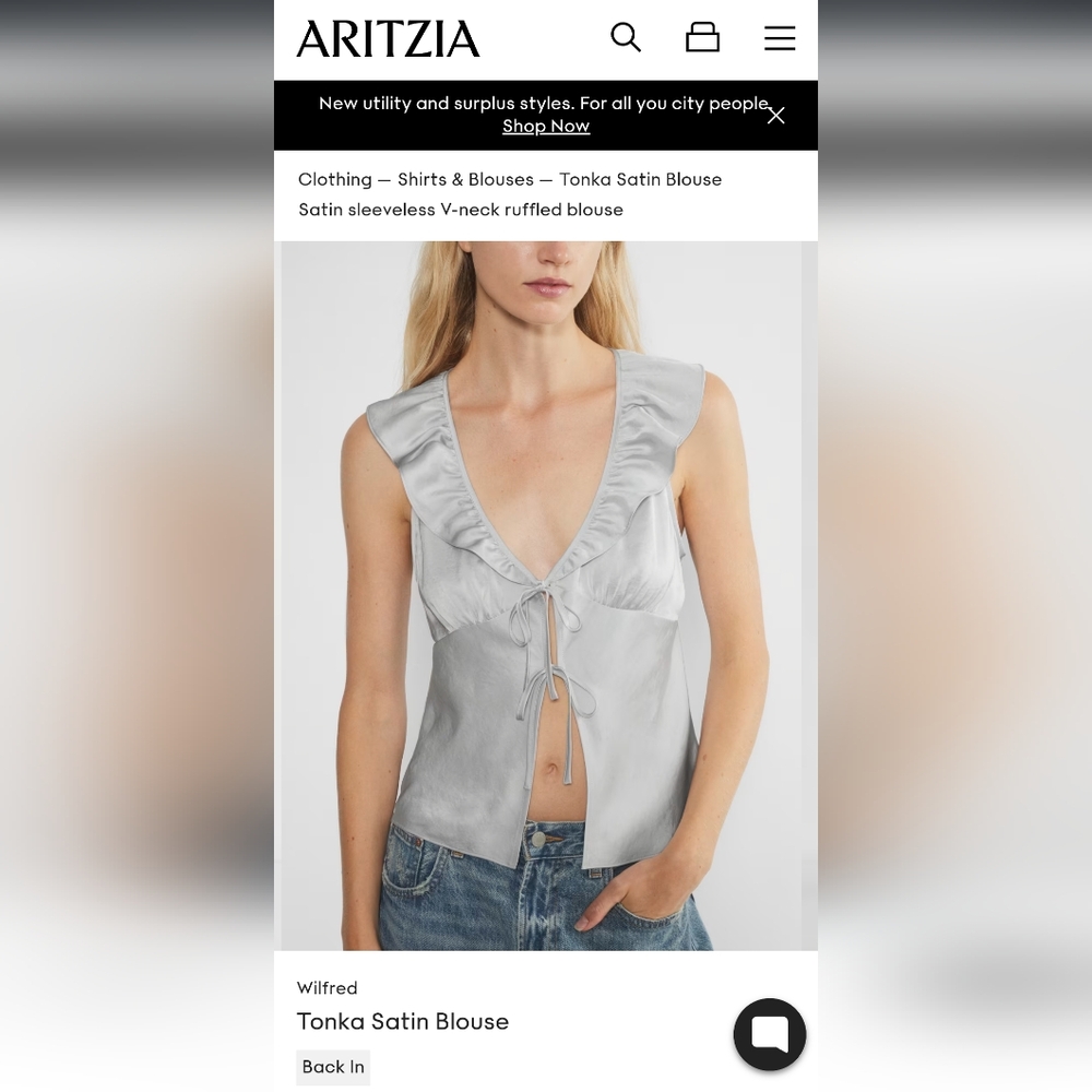 Aritzia "Winfred" Tonka Satin Sleeveless V-Neck Ruffled Blouse - SZ. XS